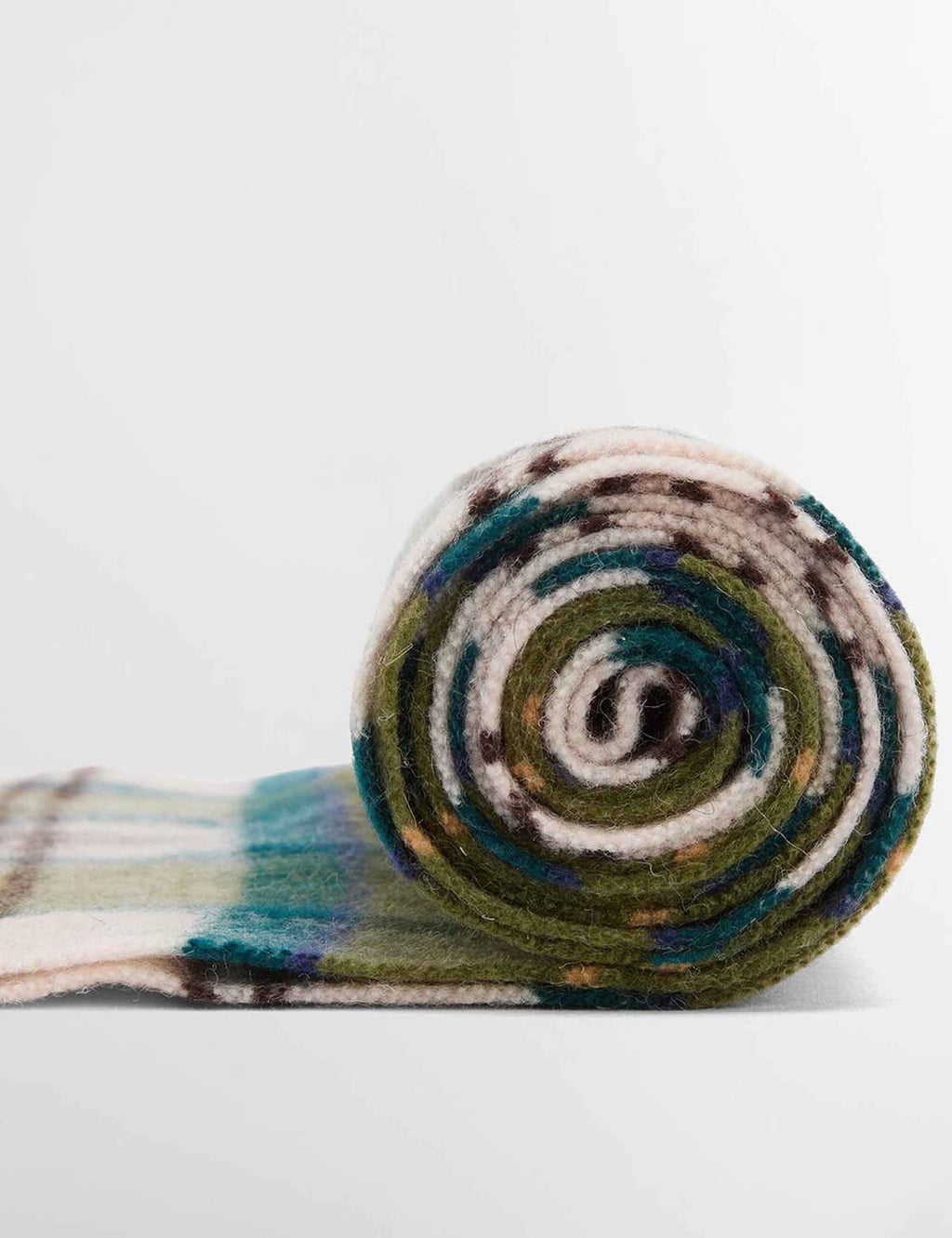 Rolled tartan lambswool scarf with green and blue plaid stripes and fringed edge