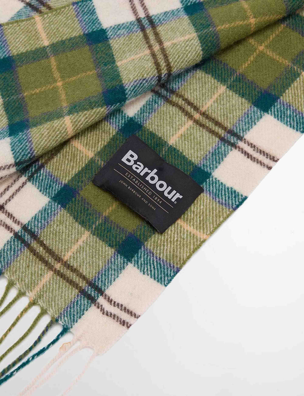 Barbour tartan lambswool scarf tag on green, blue, and cream plaid with fringe