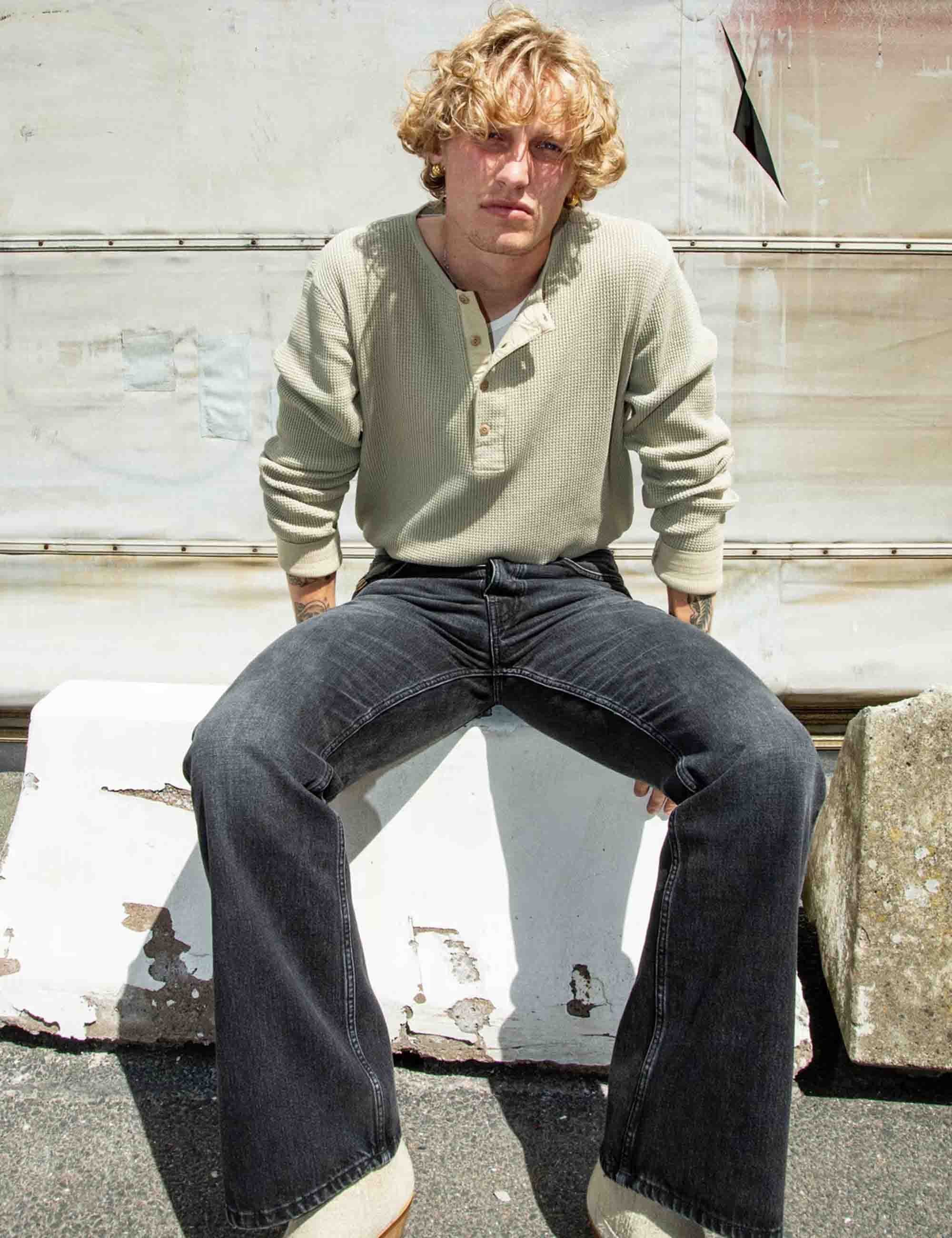 Nudie Jeans Henley Waffle Long Sleeve Top - Desert