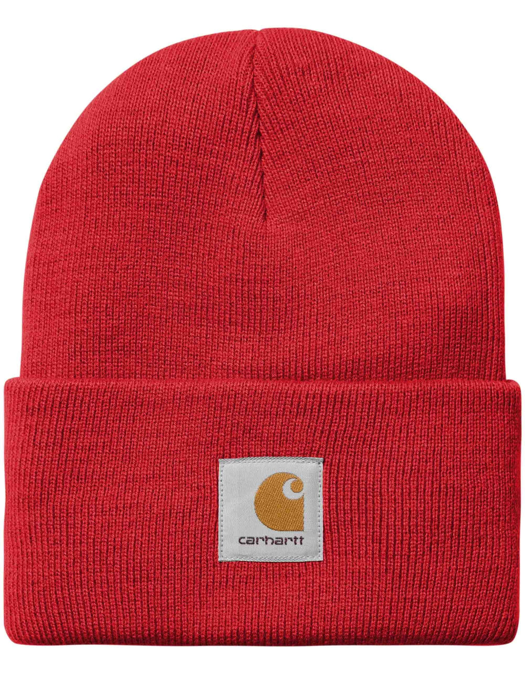 Red ribbed watch beanie hat with folded cuff and Carhartt patch logo