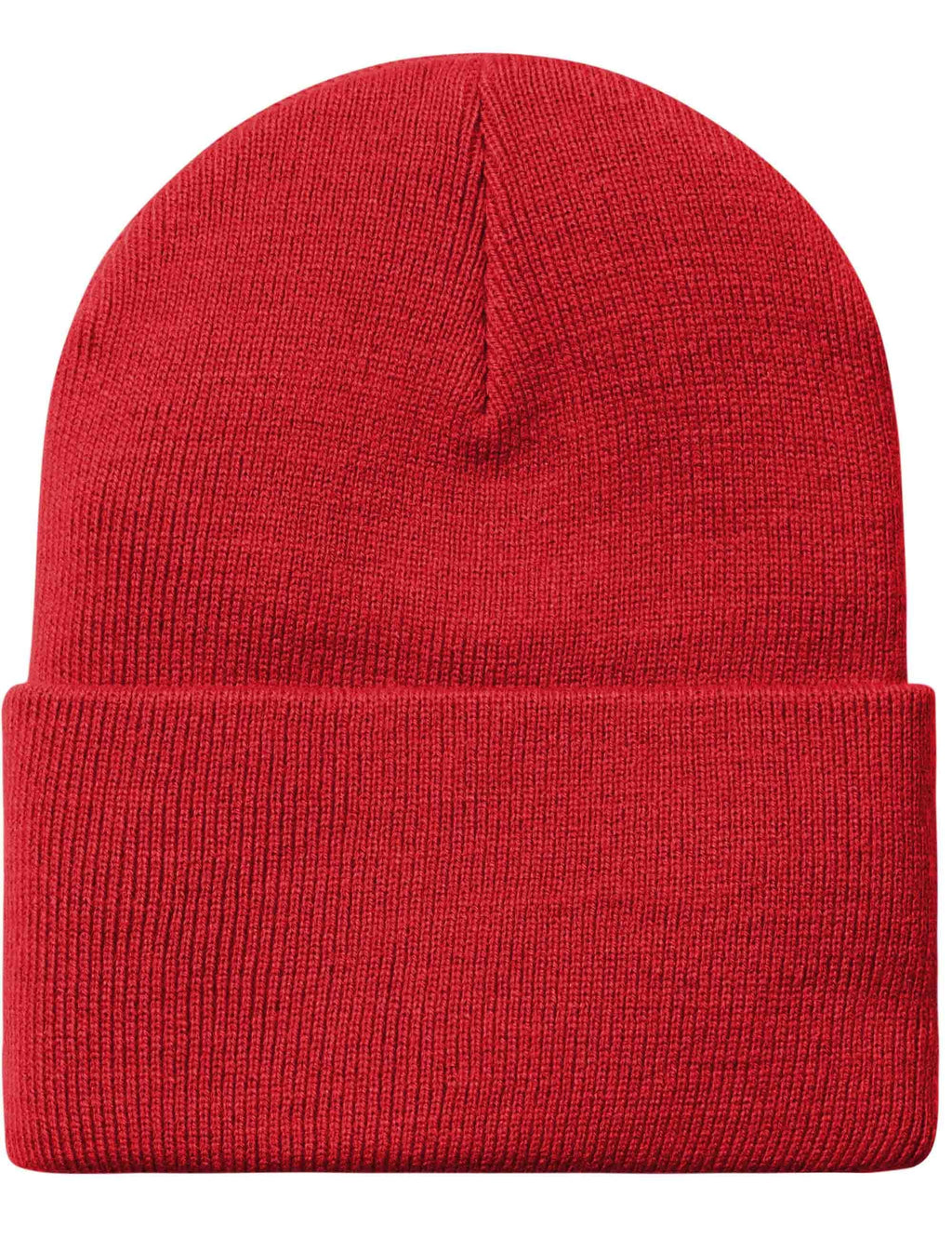 Red ribbed beanie hat with folded cuff and center seam detail