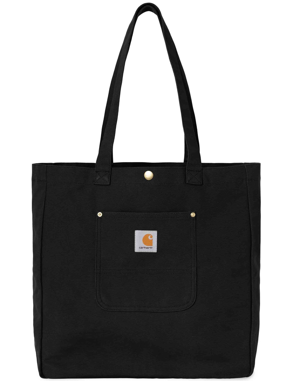 Black canvas tote bag with front pocket, top handles, and metal snap button