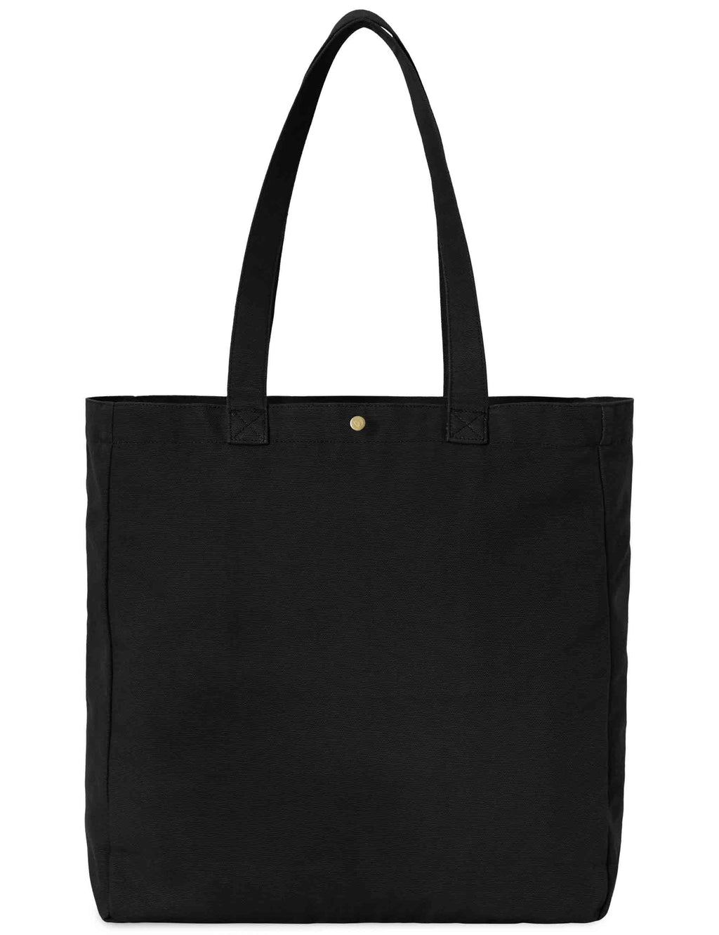 Black canvas tote bag with two top handles and open top