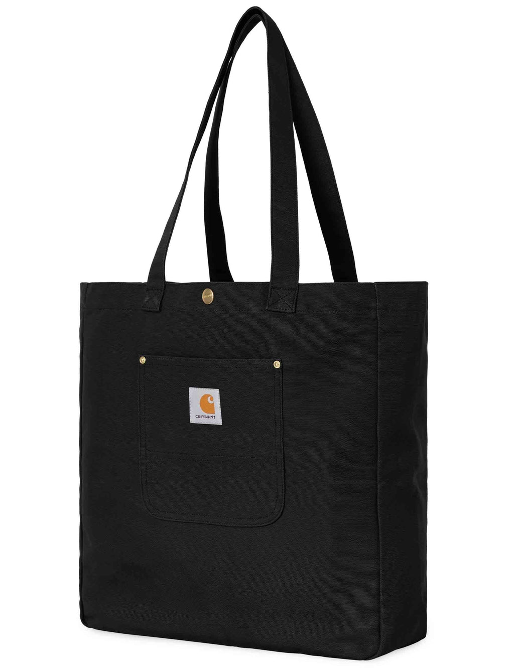 Black canvas tote bag with front pouch pocket and top handles