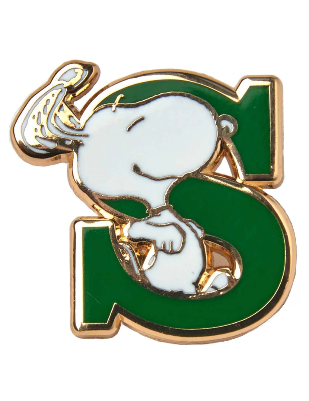 Enamel pin badge with Snoopy letter S design, green enamel with gold outline