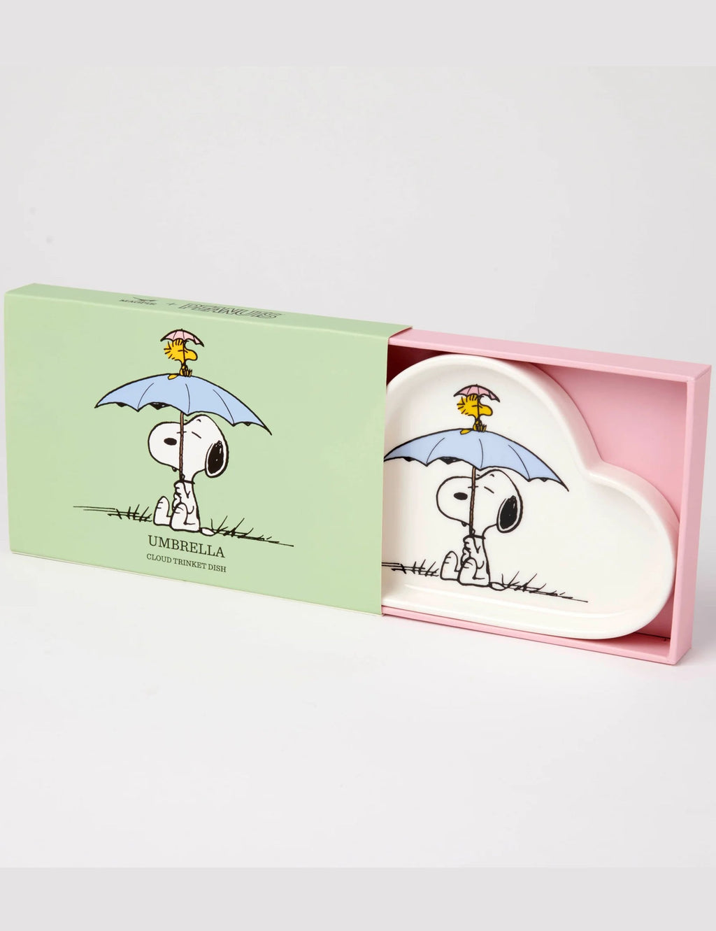 Cloud-shaped ceramic trinket dish with Snoopy under blue umbrella print in open box