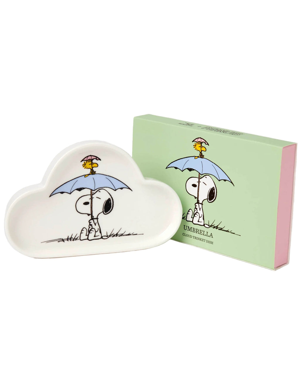 Cloud-shaped ceramic trinket dish with Snoopy under blue umbrella print, with box