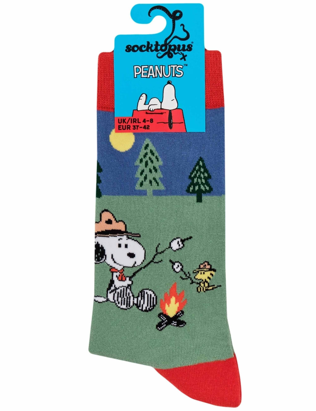 Green Snoopy camper socks with red toe, blue panel, trees and campfire graphic