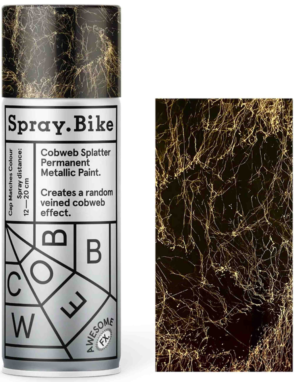 Gold cobweb splatter metallic spray paint can, cylindrical with label
