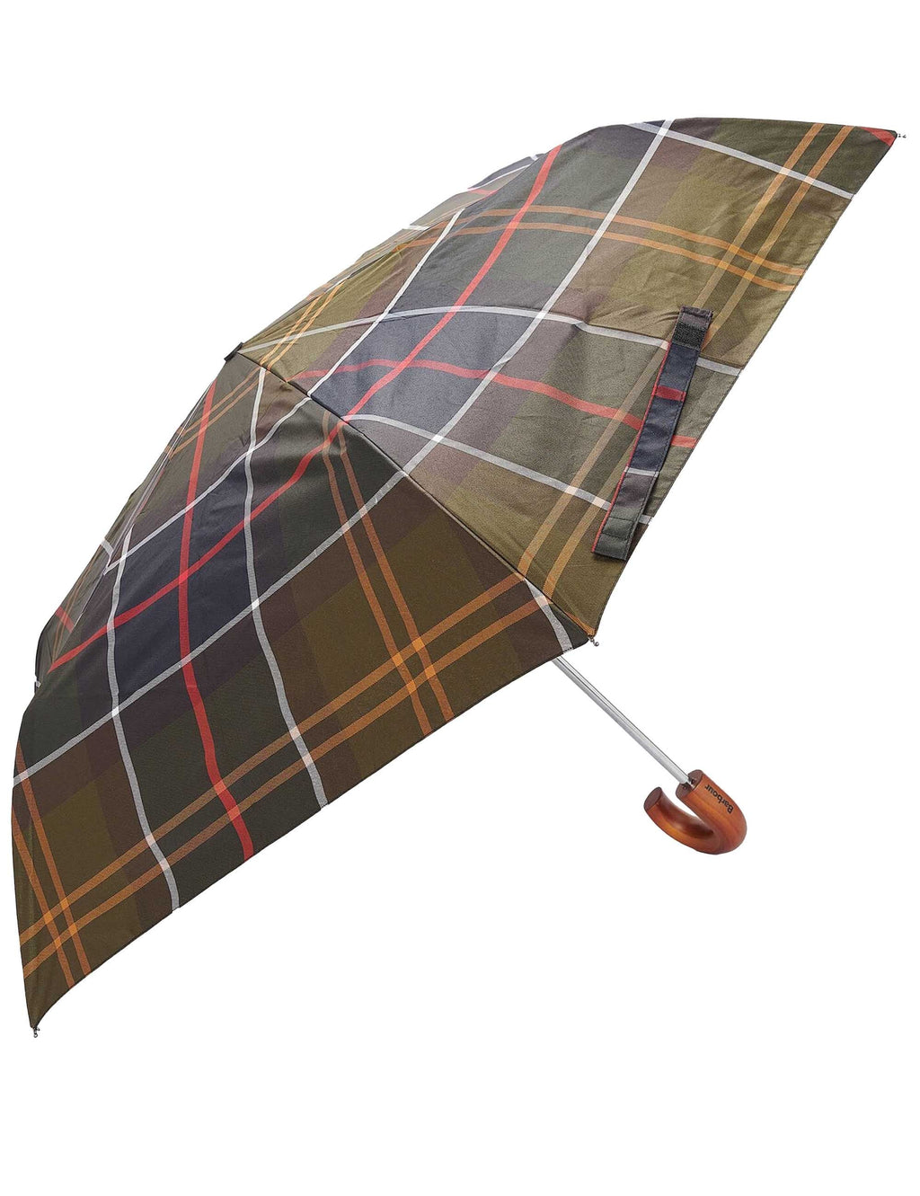 Mini tartan umbrella, olive plaid with red and white grid, folded fabric sleeve