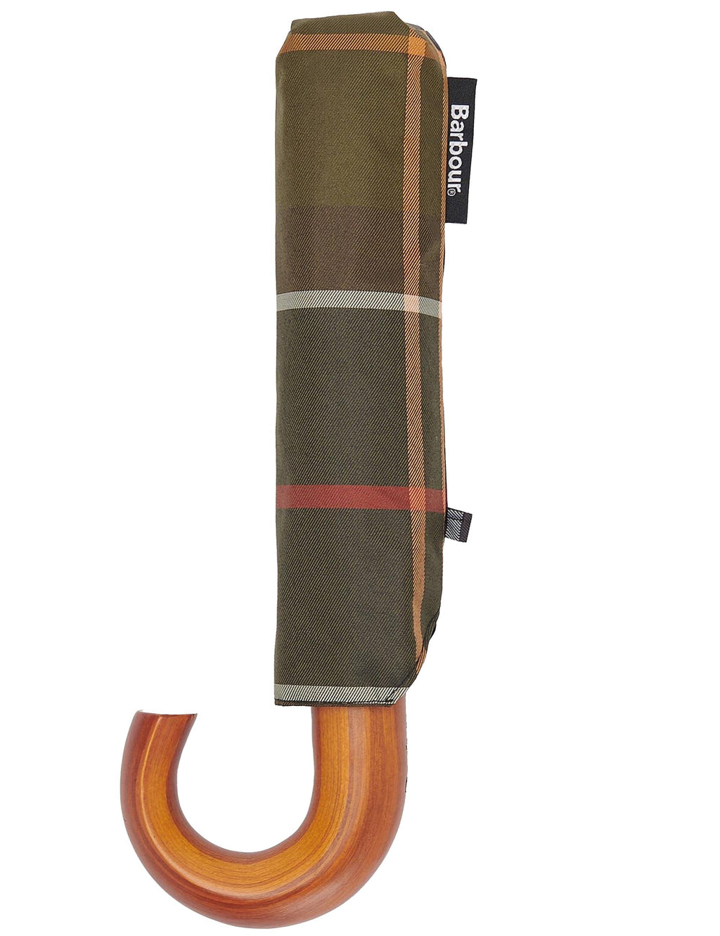Mini tartan umbrella pouch with Barbour label, olive plaid, wooden U handle