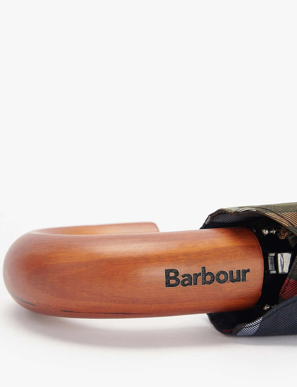 Mini tartan umbrella handle with Barbour logo, wooden crook and black strap