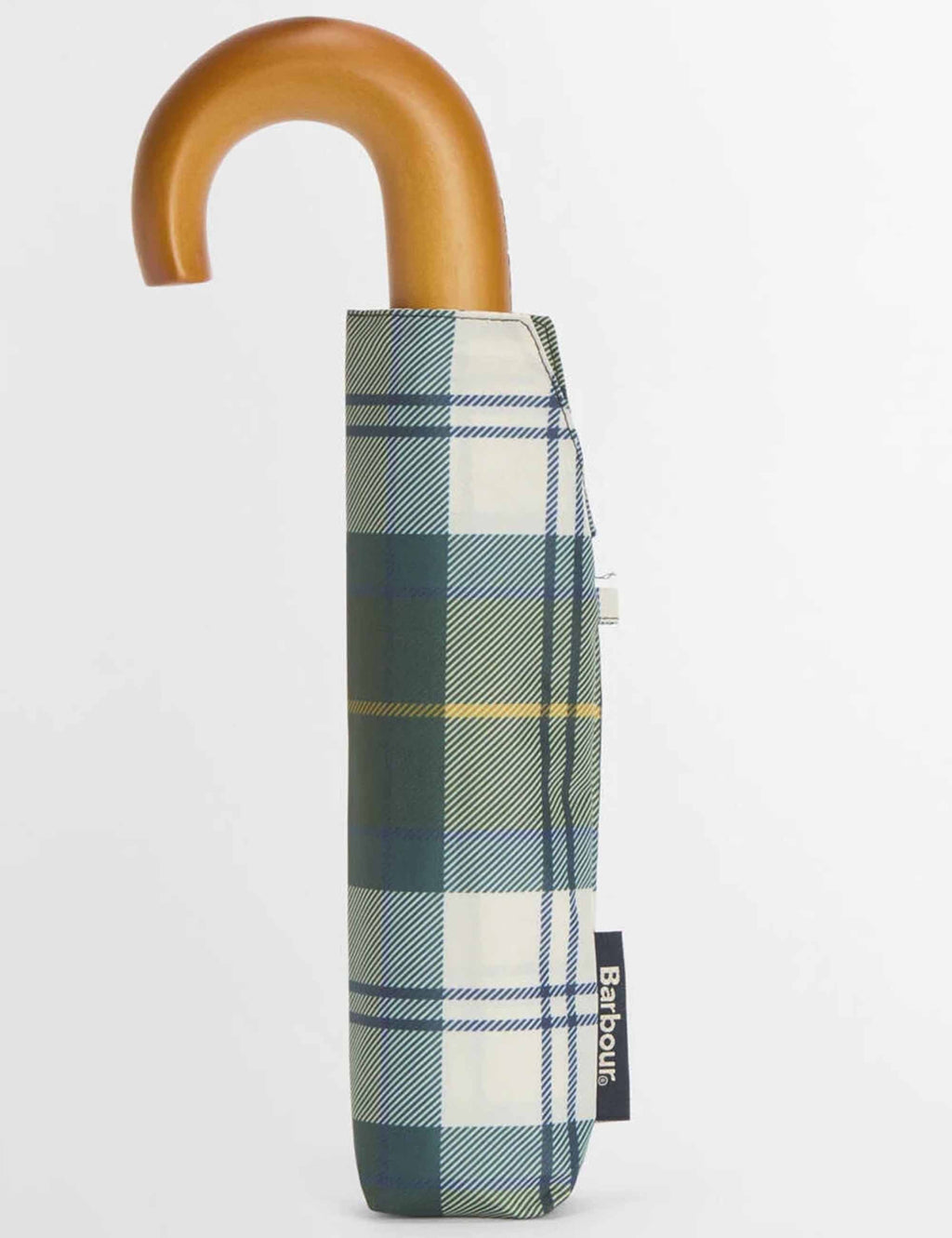 Tartan mini umbrella cover with dark green, cream, and blue check pattern and tan handle