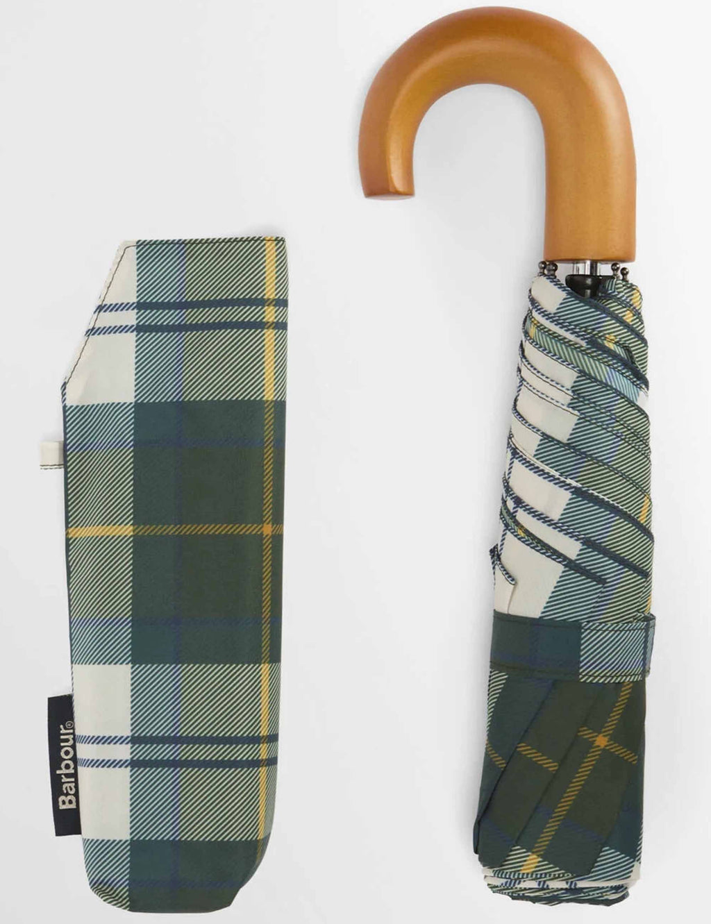 Two folded tartan mini umbrellas with tan handles and dark green plaid covers