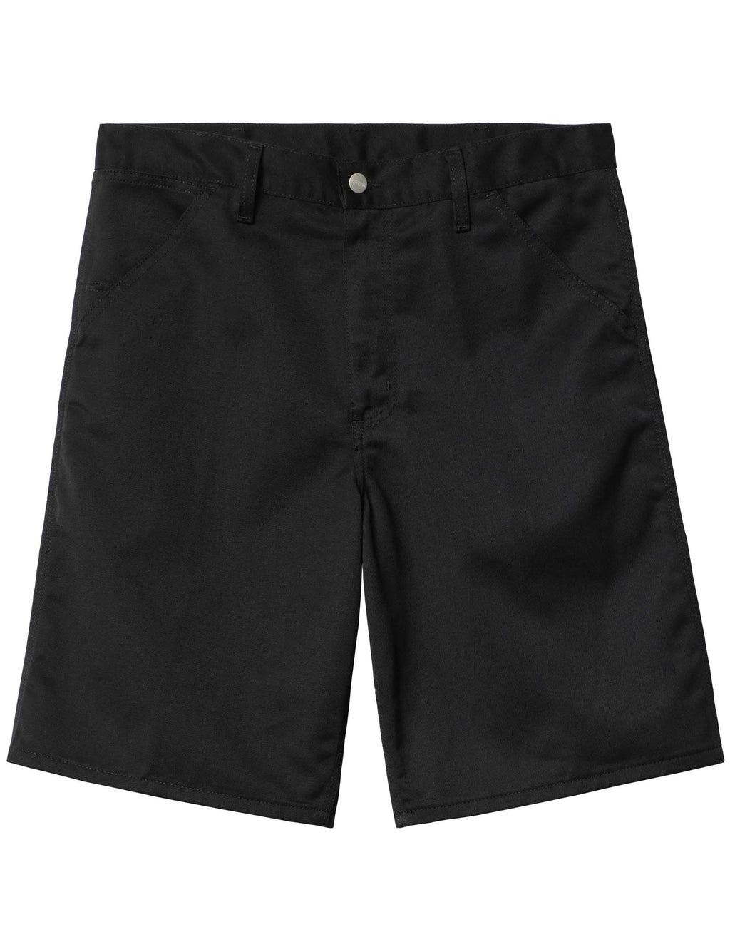 Black casual shorts with button fly, belt loops, and front slant pockets