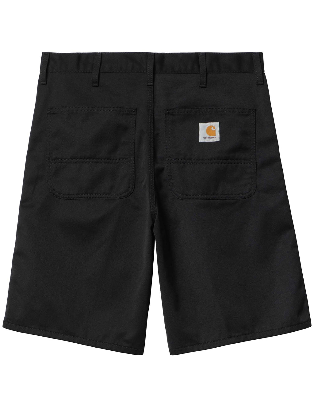 Black shorts with button fly, front pockets, and a small side logo patch