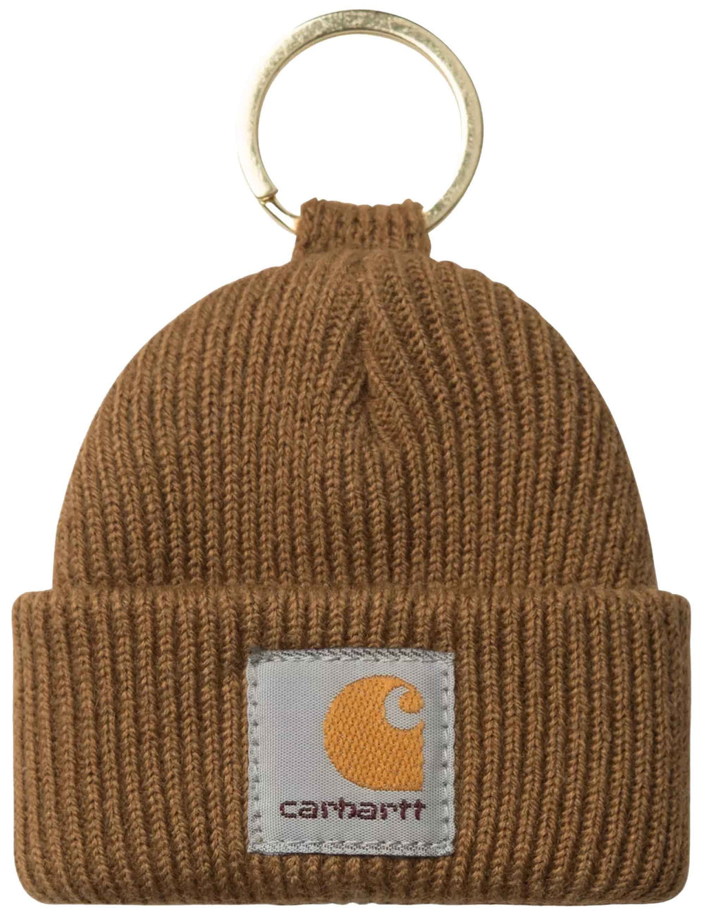 Mini watch hat keychain, brown knit beanie with Carhartt logo patch and metal ring