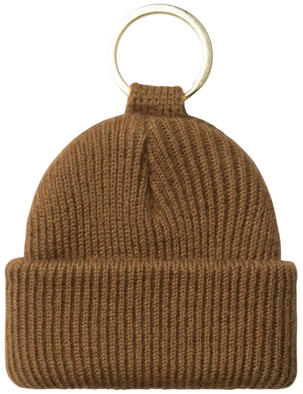 Mini watch hat keychain, brown knit beanie with metal key ring and ribbed cuff