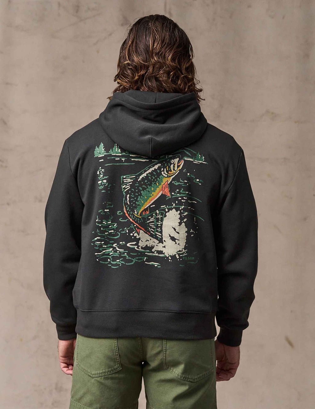Faded black hoodie with large back trout graphic, pullover hood and drawstrings