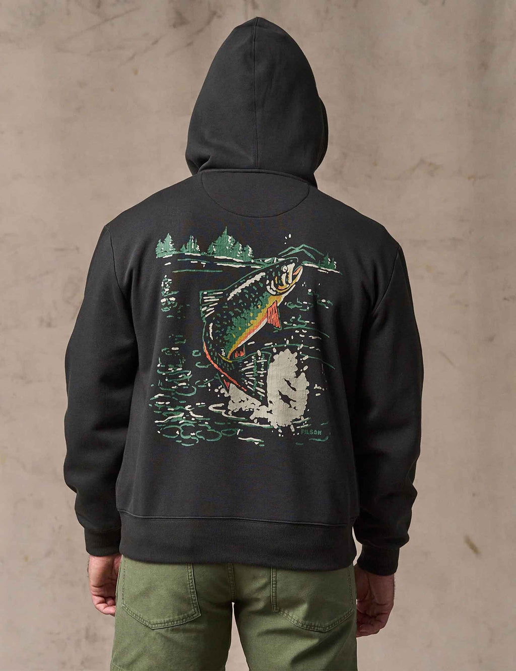 Faded black hoodie with large back trout graphic, pullover hood and kangaroo pocket