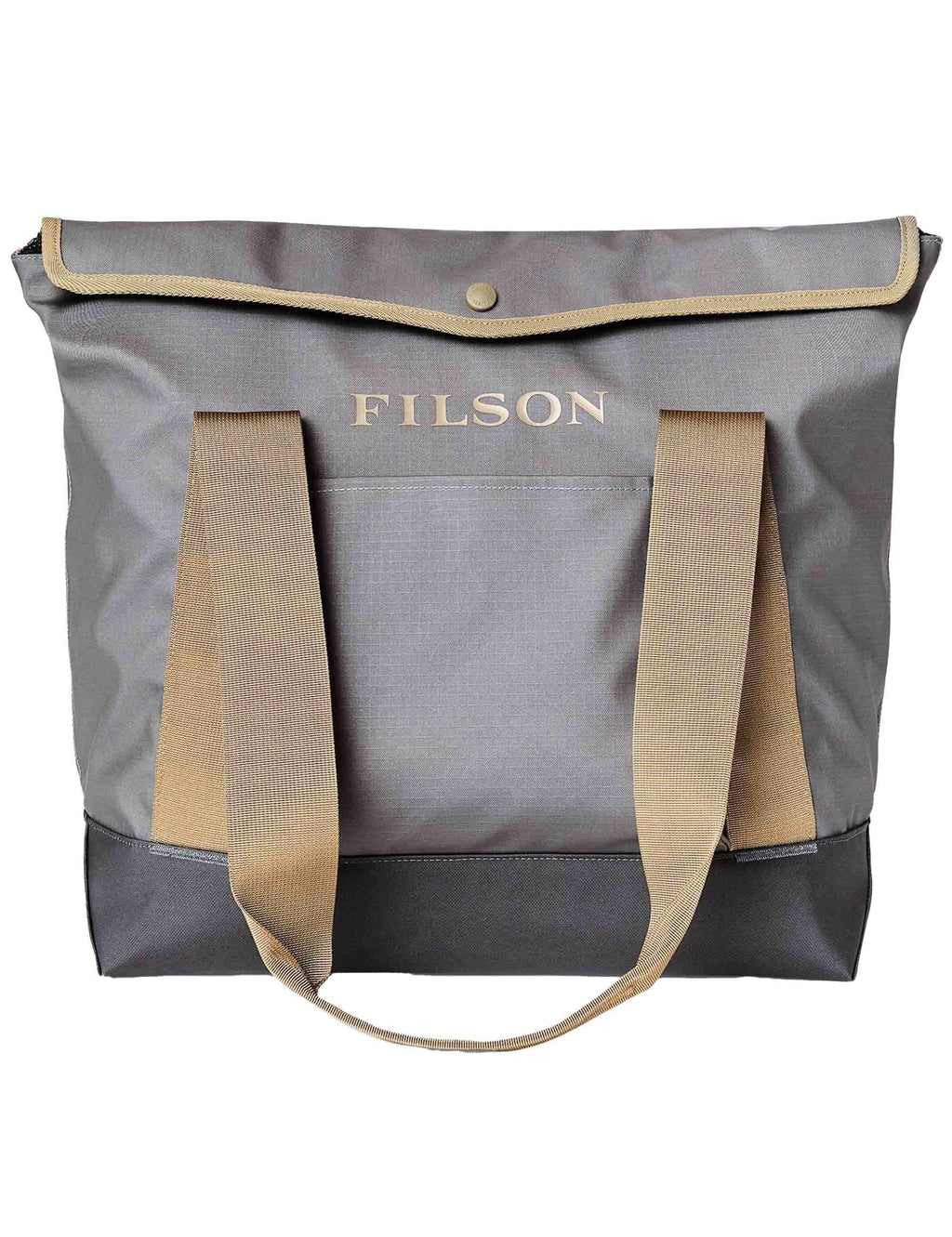 All-weather tote bag, moon mist gray with tan handles and snap top