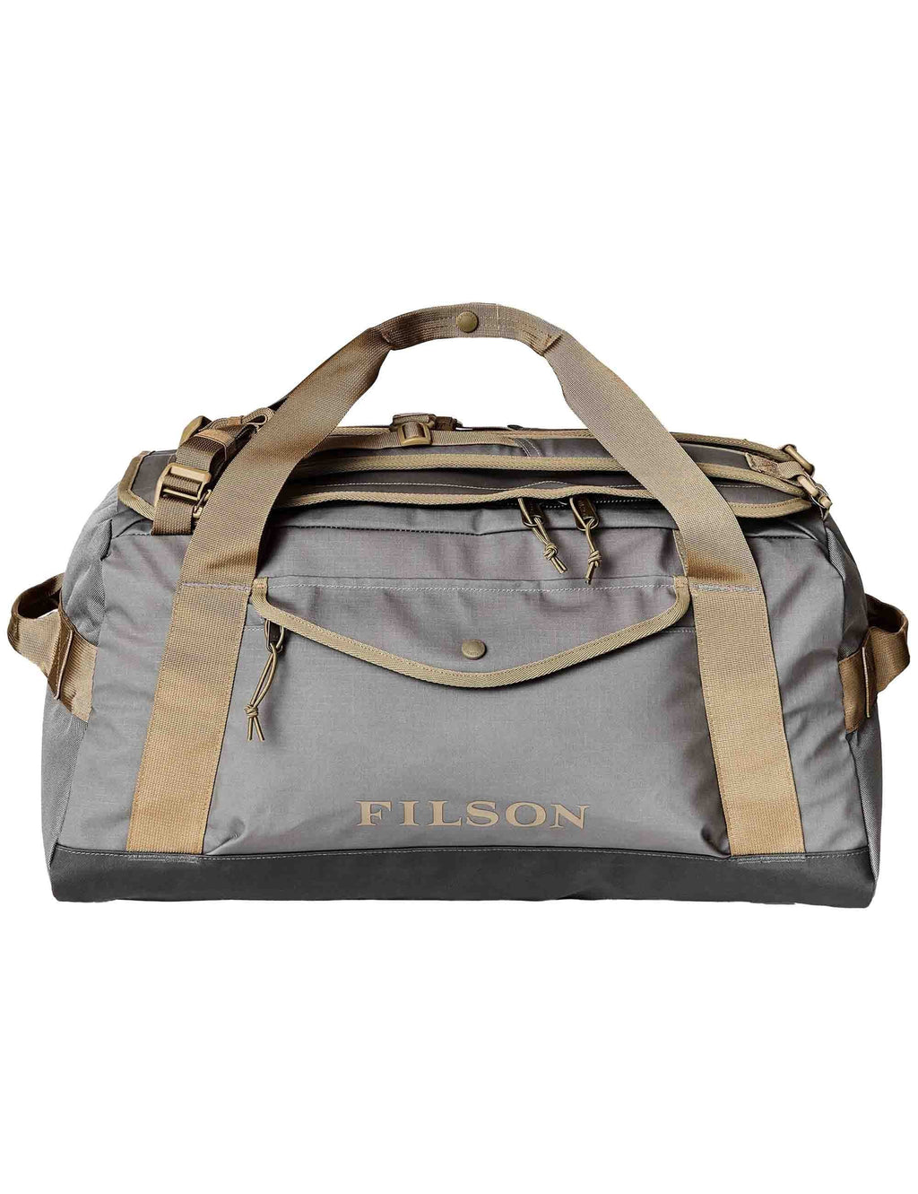 All-weather duffel bag, gray with tan straps and front zip pocket, FILSON logo