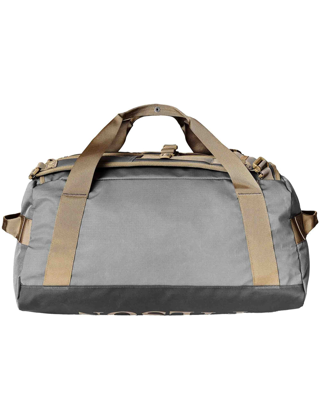 All-weather duffel bag, gray with tan handles, front panel and side zip pockets