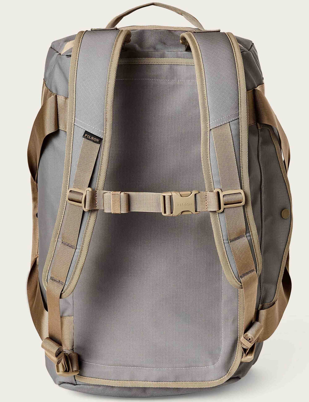 All-weather duffel bag, gray with tan back straps and padded shoulder harness