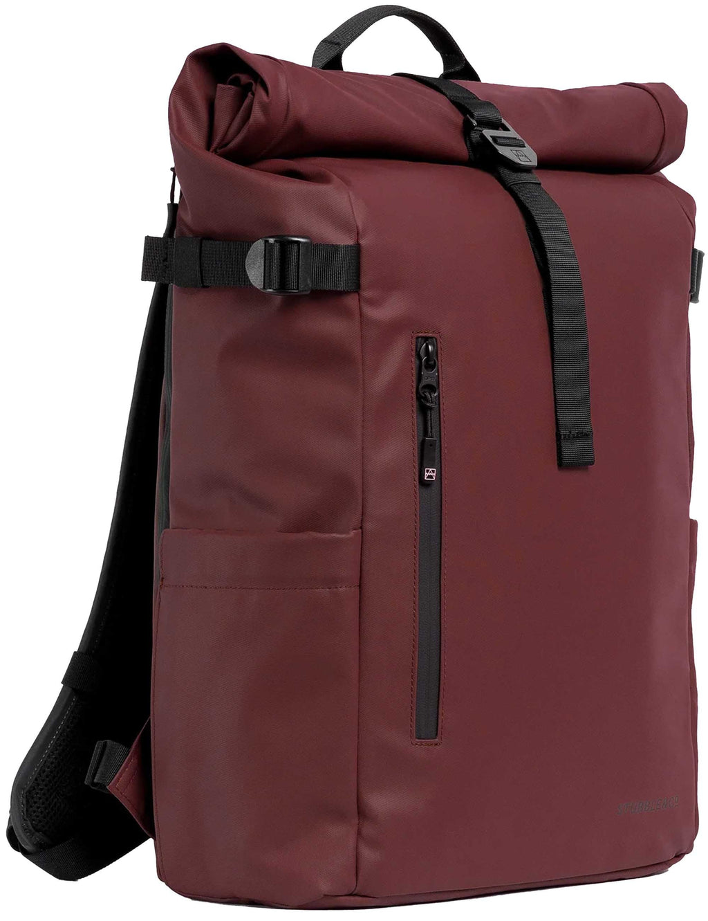 Garnet red roll-top backpack with black buckled front strap and side pocket
