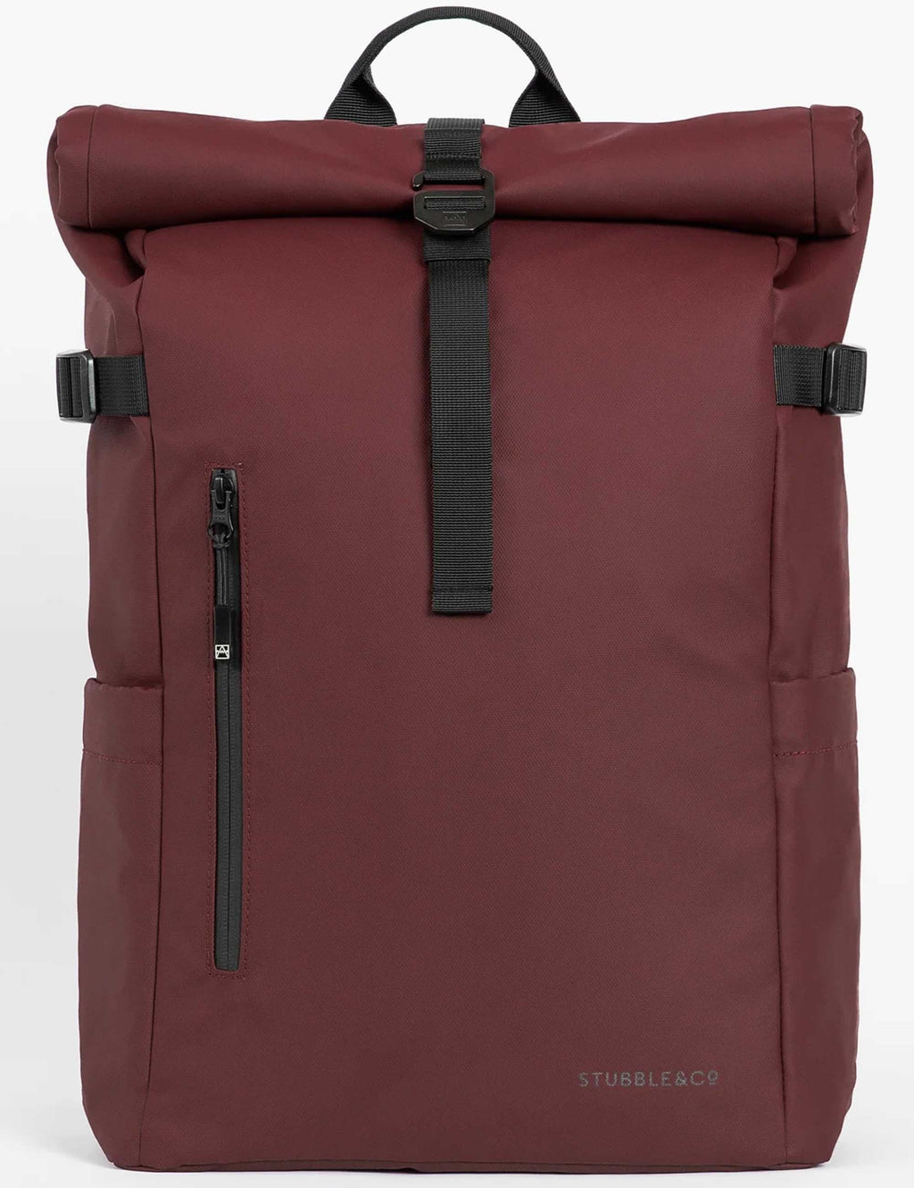 Garnet red roll-top backpack with black straps and vertical zipper pocket