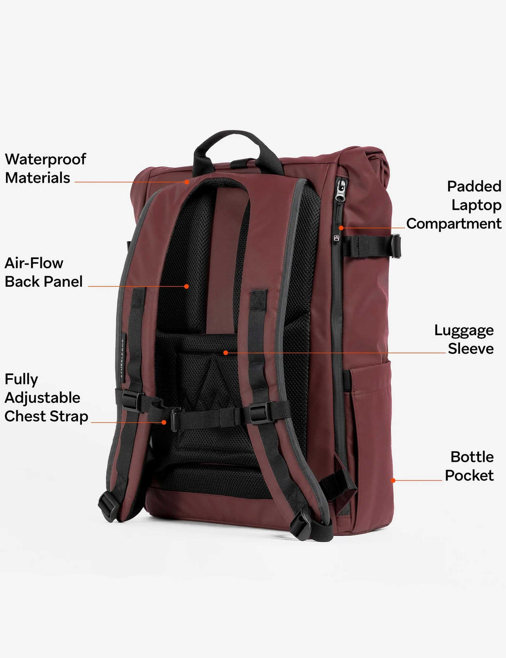 Garnet red roll-top backpack with padded back, shoulder straps, and bottle pocket