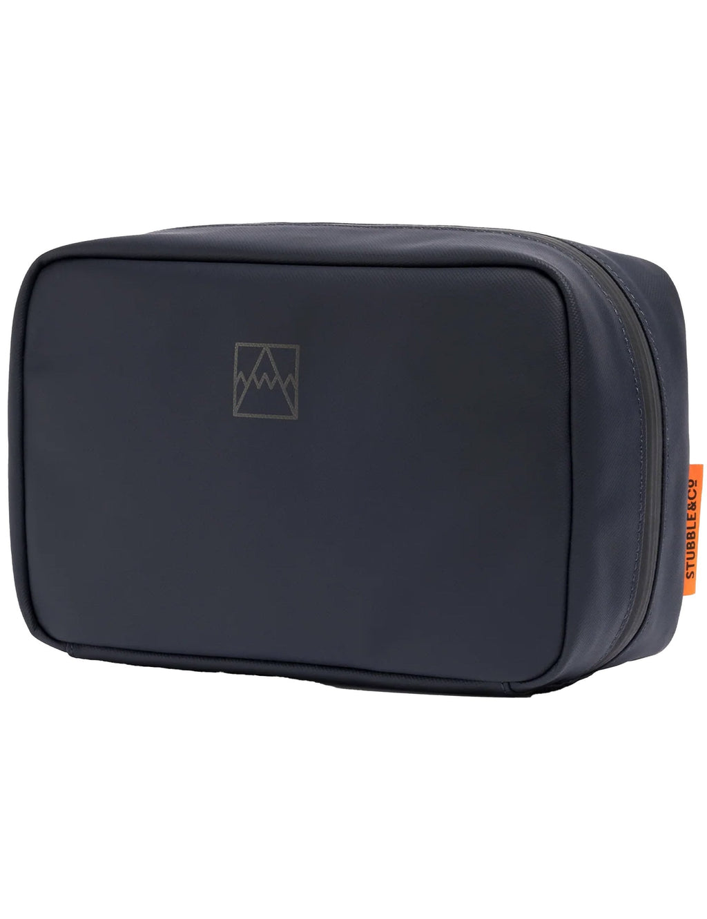Midnight blue tech bag with logo patch and smooth zippered front pocket