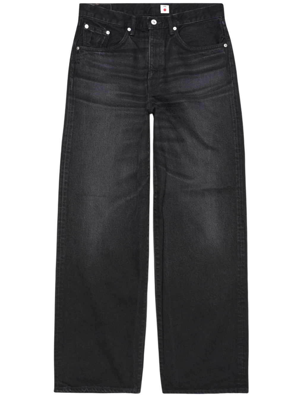 Wide leg denim pants in dark black, with button fly and front pockets