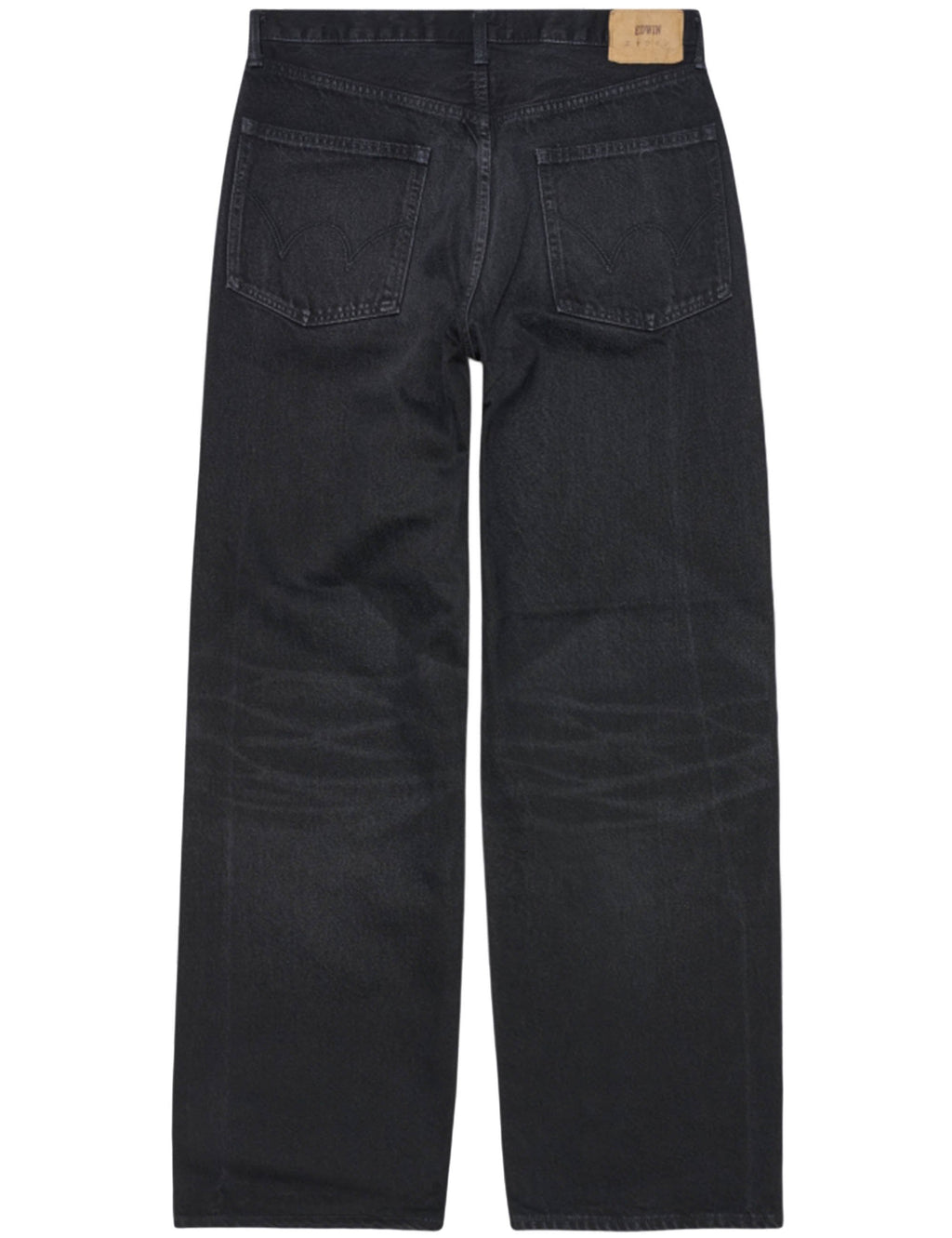 Wide leg black denim pants with back yoke seam and two back patch pockets