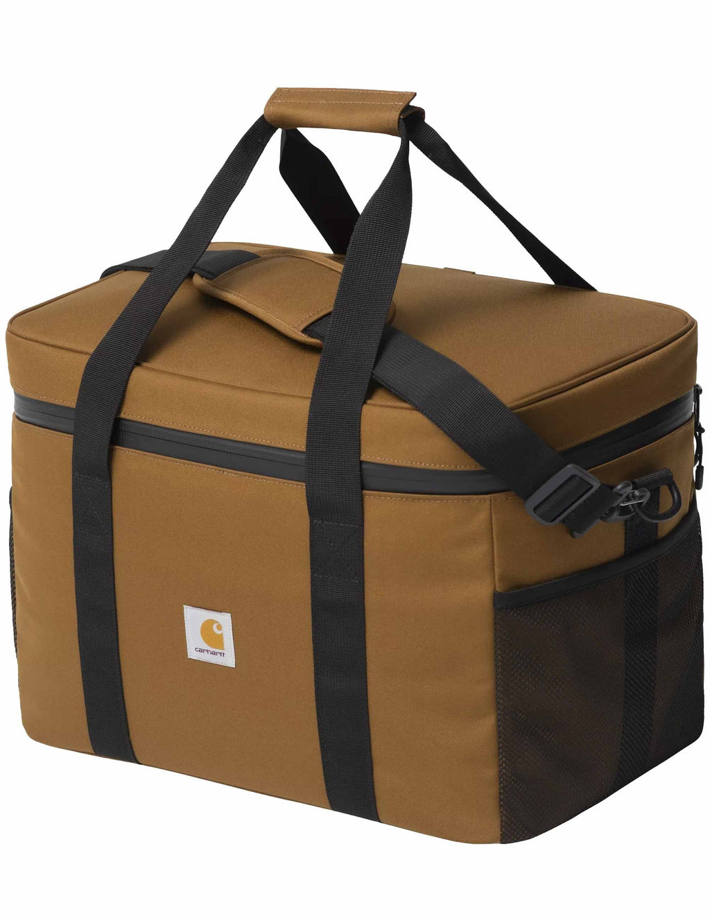Brown carrying bag with black straps on a white background