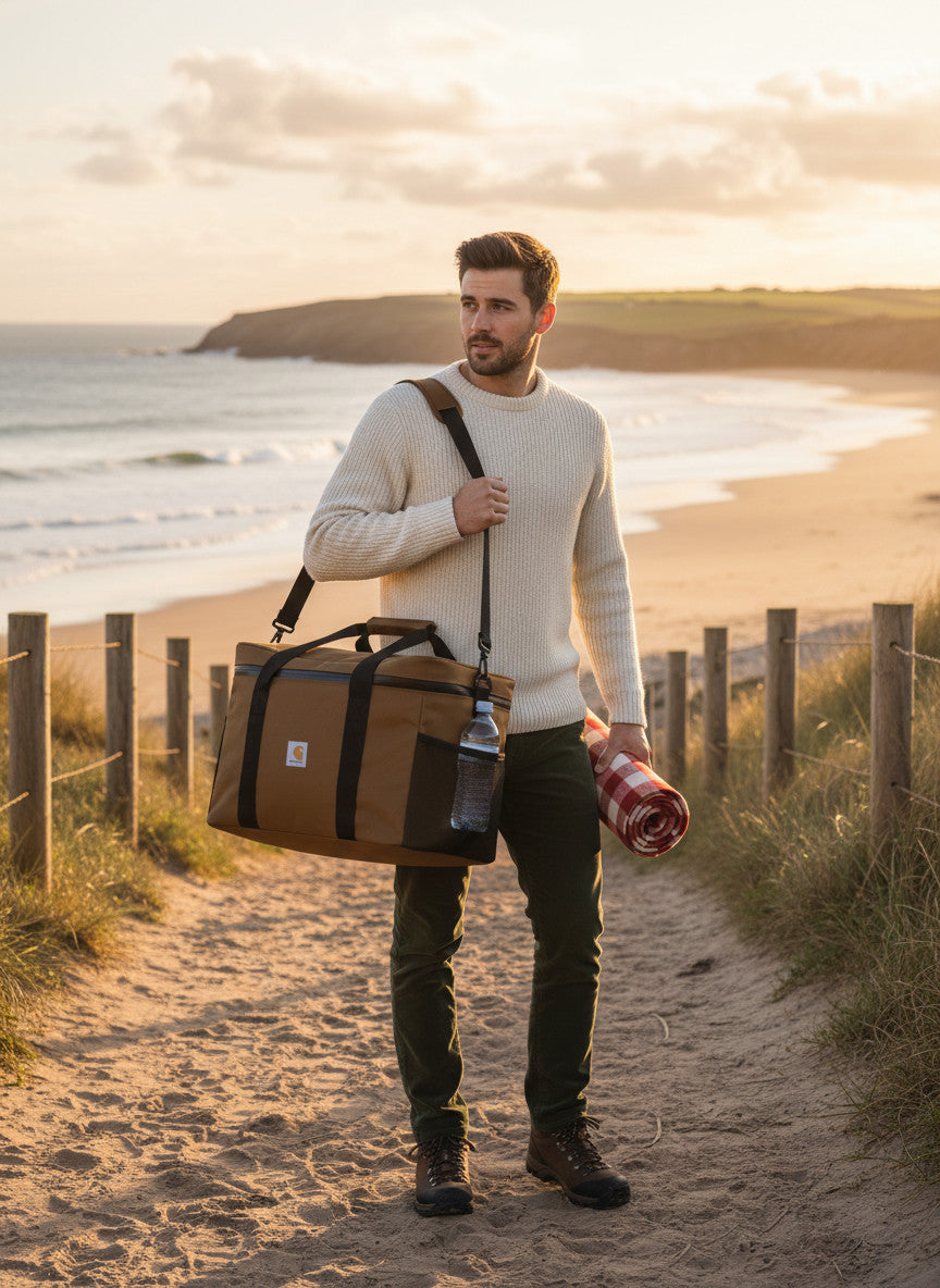 Man walking on a beach holding a bag and a rolled-up mat with a scenic background.