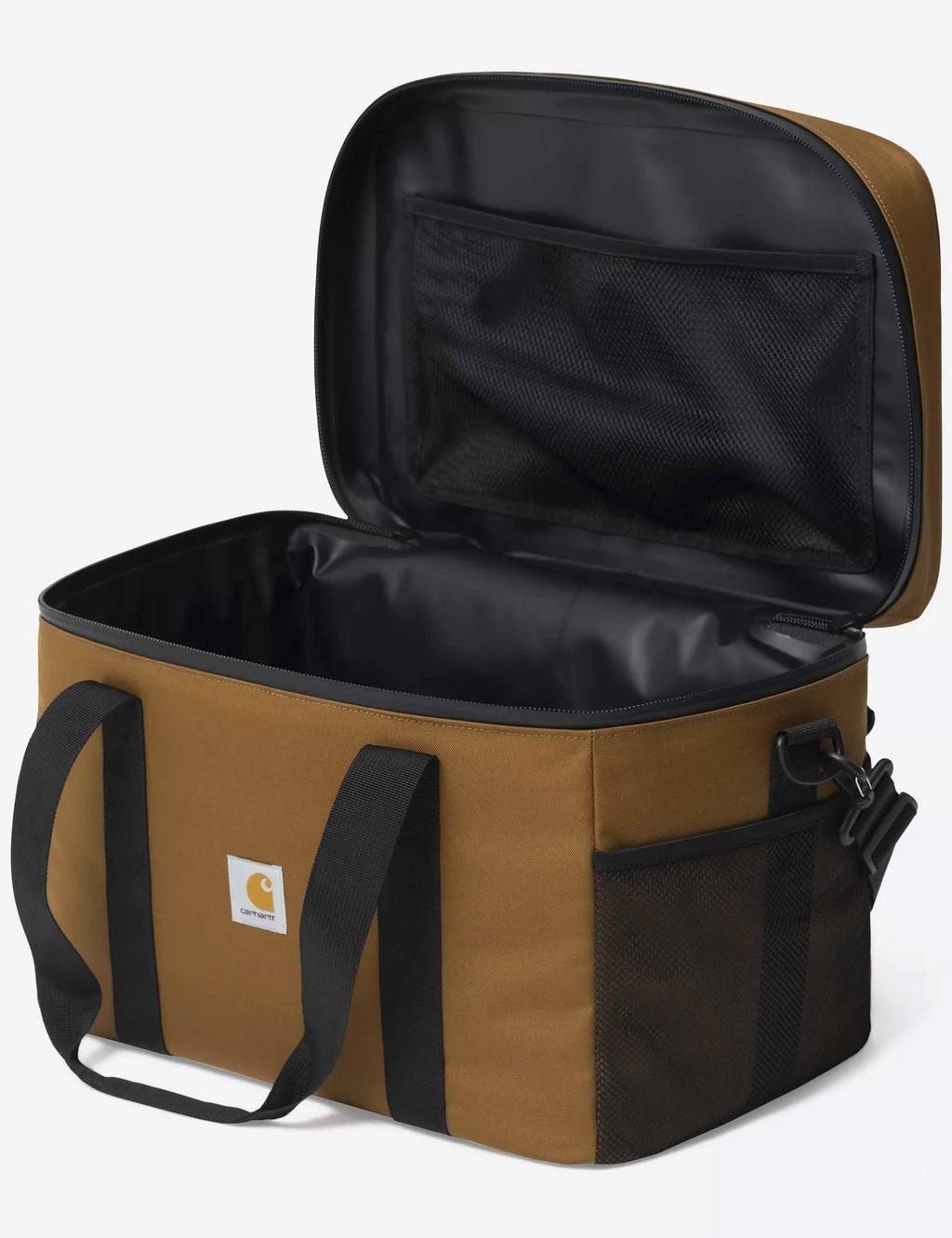 Brown and black suitcase with Carhartt logo on a white background