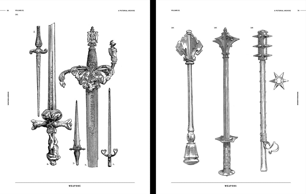 Open book spread showing weapon illustrations with swords and star-tipped blades