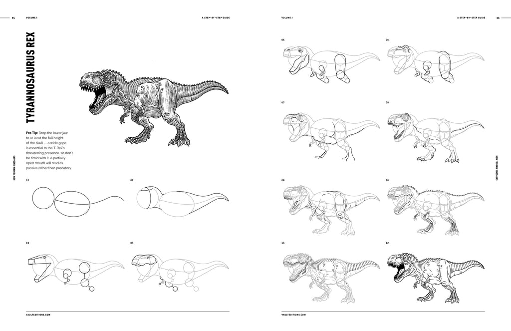 Open book page with dinosaur full-body sketch diagram and step-by-step outlines