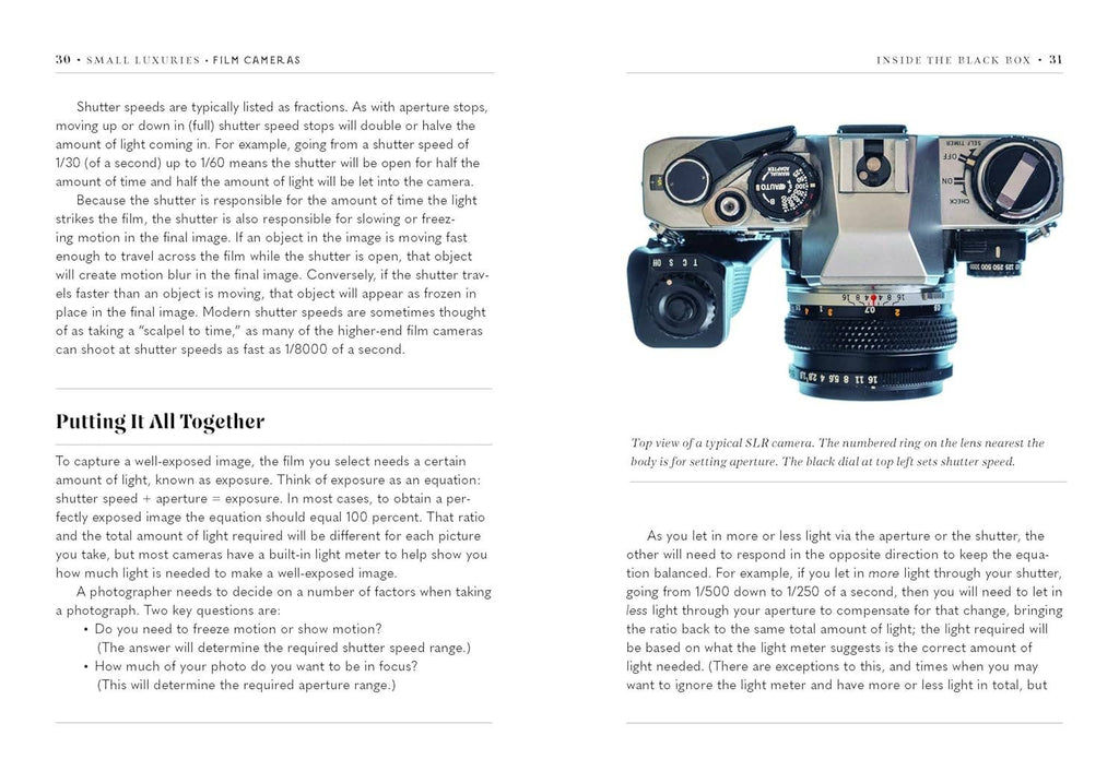 Film camera book spread with shutter info and a top-view diagram of a camera body