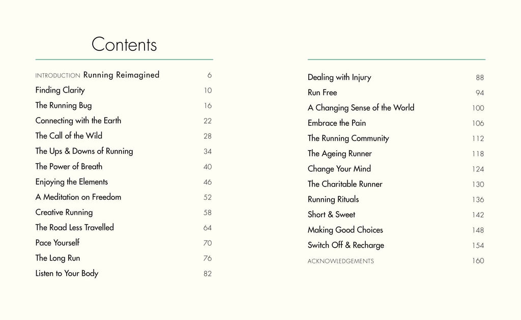 Book contents page titled Contents with a two-column section list for runners