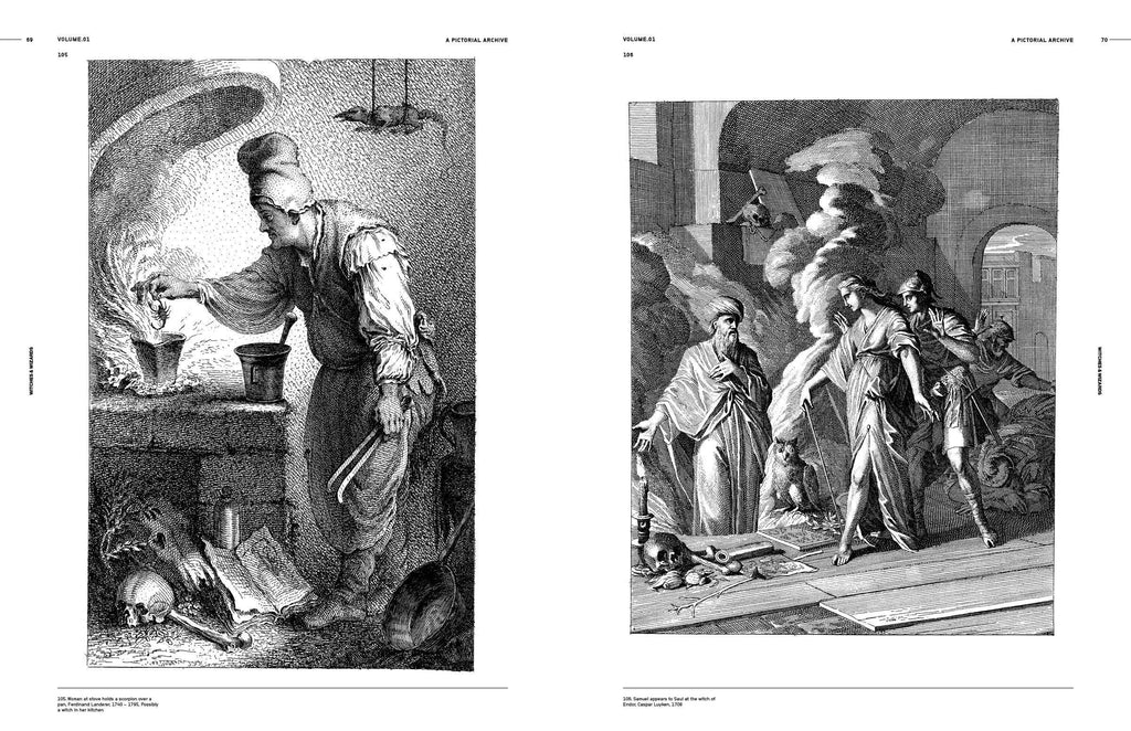 Open book spread with black-and-white engravings of a wizard at a table and a group scene