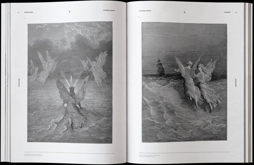 Open art book spread with two monochrome angel engravings on white pages
