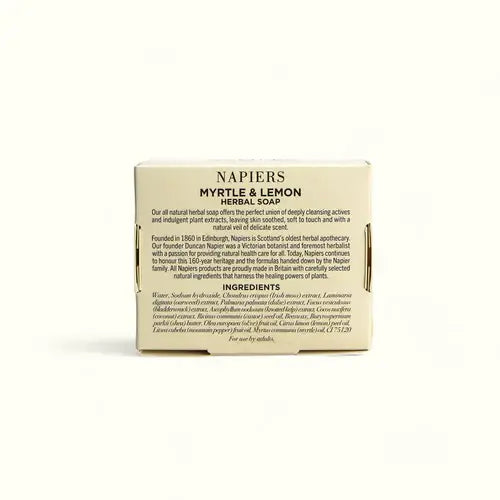 Napiers Myrtle & Lemon soap box back panel with ingredients text