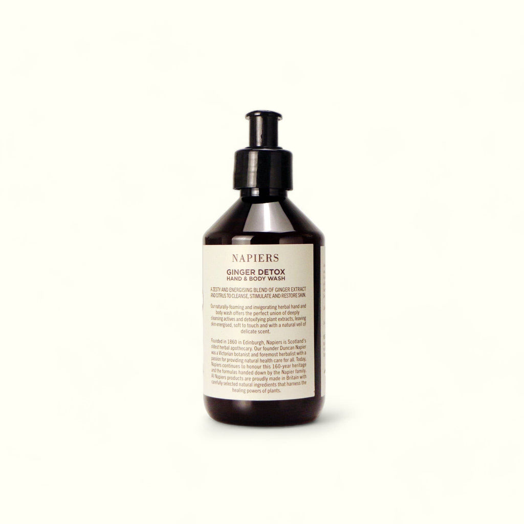 Napiers Ginger Detox hand and body wash bottle with pump, back label view