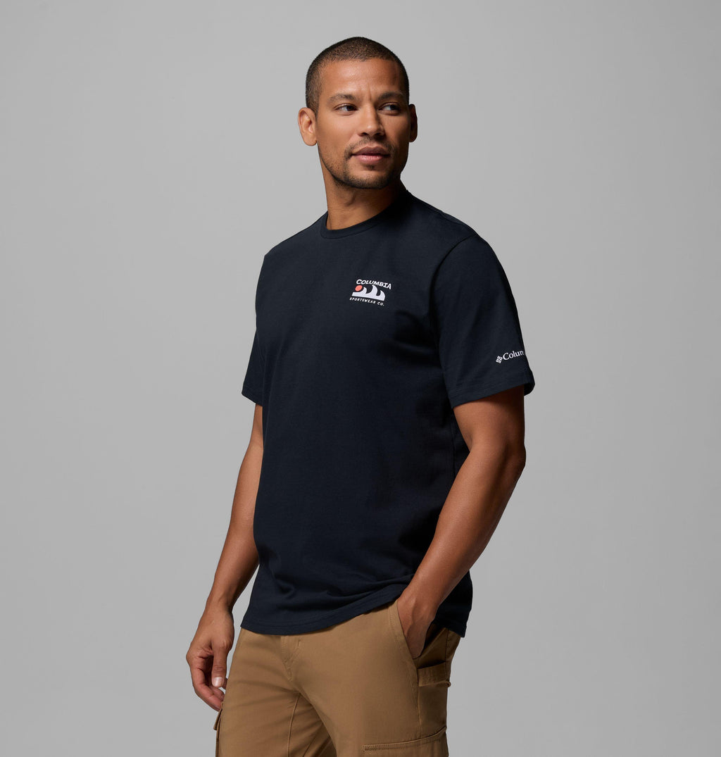 Men's black short-sleeve tee with small chest logo and sleeve logo