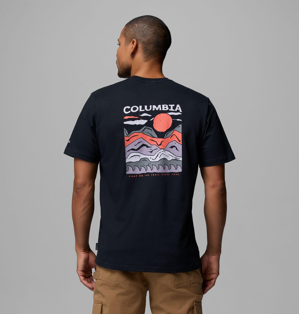 Men's black short-sleeve tee with large back graphic and Columbia logo