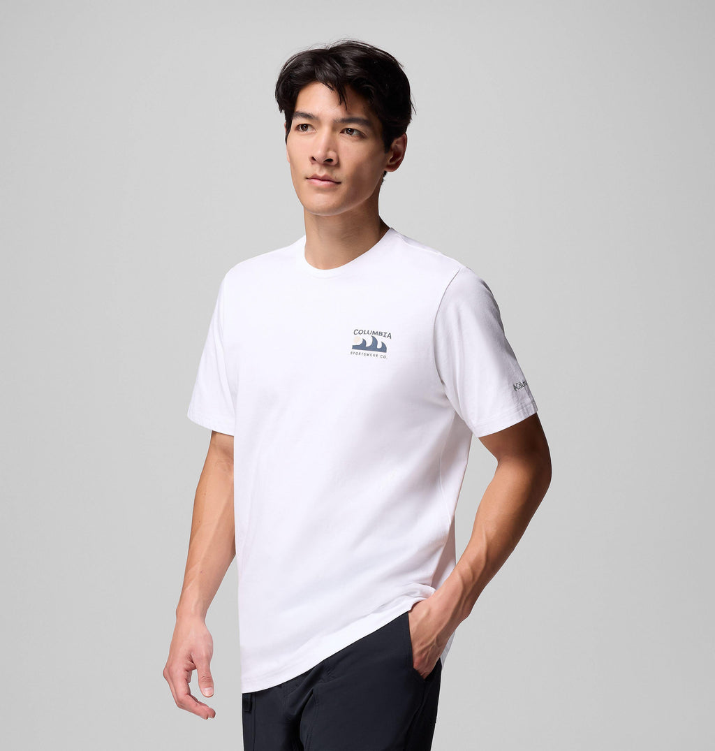 Men's white short-sleeve tee with small chest Columbia logo