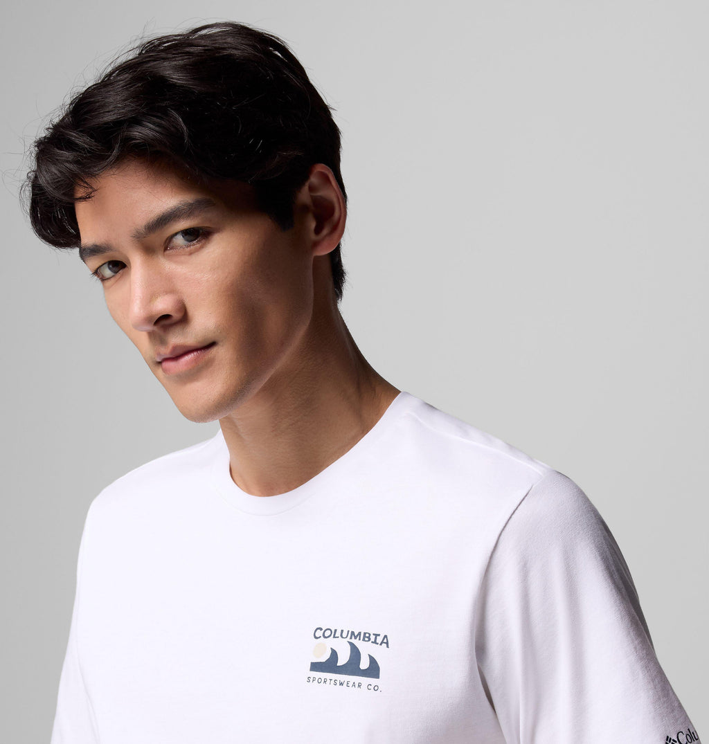 Men's white tee close-up of small chest Columbia logo print