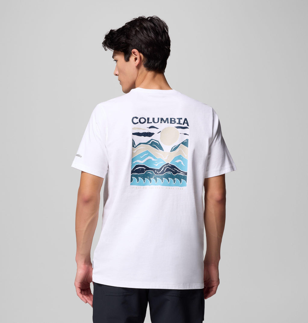 Men's white short-sleeve tee with back Columbia peaks-and-waves graphic